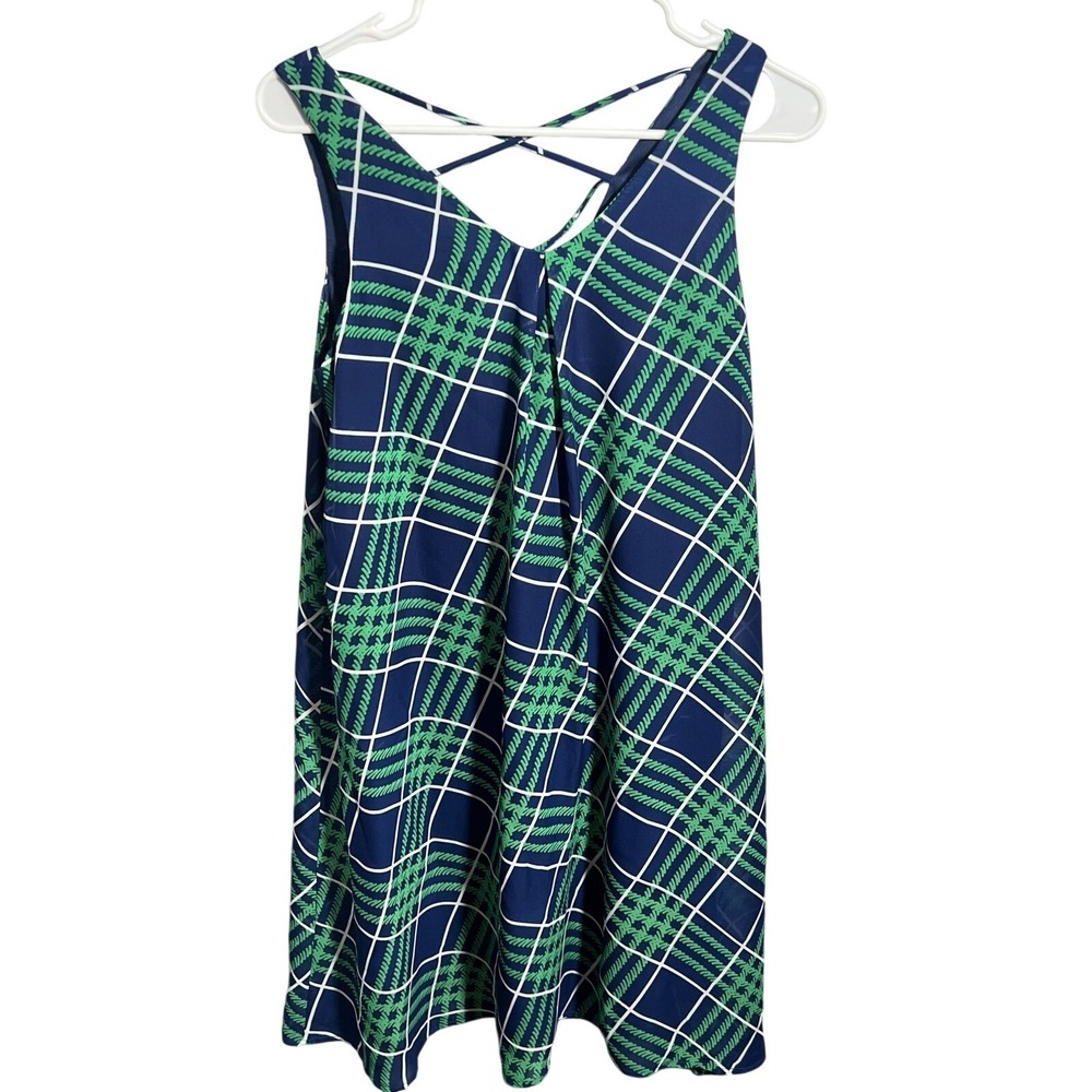 C.C.‎ Women's S Navy Blue Green White Plaid Criss-Cross Back Sleeveless Dress